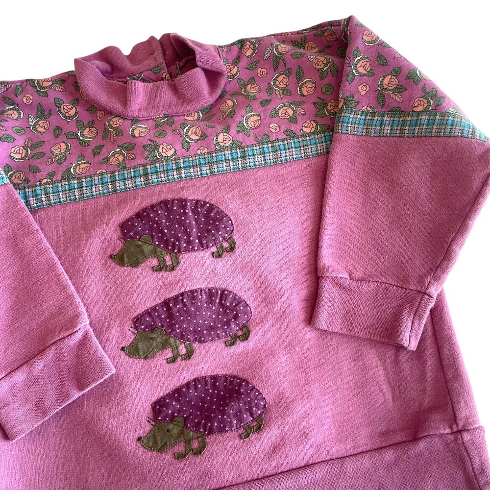 Vtg Sigikid Mock Neck Sweatshirt 104 / 4T Pink Patchwork Hedgehog Floral Print